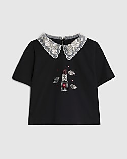Girls Black Lace Collar Beauty T-shirt