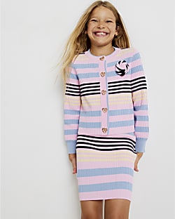 Girls Pink Stripe Cardigan Set