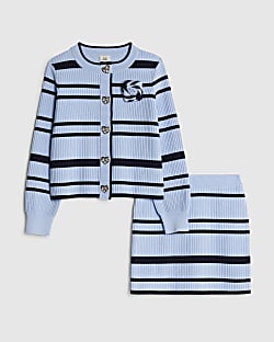 Girls Navy Stripe Cardigan And Skirt Set