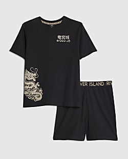 Boys Black Japanese Waffle Pyjama Short Set