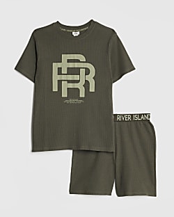Boys Khaki RR Waffle T-Shirt Pyjama Set