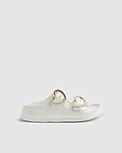 Girls White Heart Buckle Moulded Sliders
