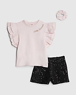 Mini Girls Pink Frill Sleeve Sequin Short Set