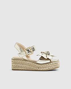Girls Gold Metallic Bow Wedge Sandals