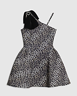 Girls Brown One Shoulder Bow Skater Dress
