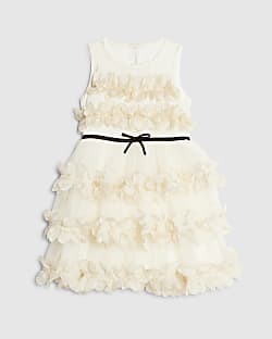 Mini Girls Cream Tiered Tulle Dress