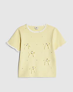Girls Yellow Rose Bow Diamante Top