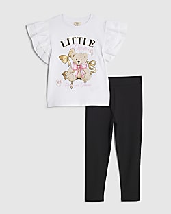 Mini Girls White Frill Sleeve Bear T-Shir Set
