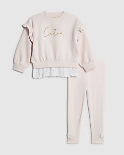 Mini Girls Pink Broderie Hem Sweatshirt Set