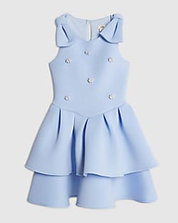 Girls Blue Pearl Embellished Scuba Dress