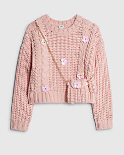 Girls Pink Knitted Flower Jumper With Bag
