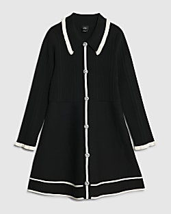 Girls Black Tipped Button Dress