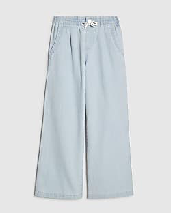 Girls Blue Wide Leg Bow Jeans