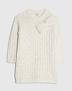 Girls Cream Pearl Bow Jumper Dress