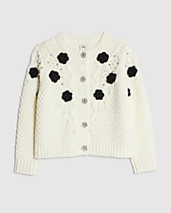 Girls Cream Embellished Flower Cardigan