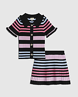 Mini Girls Black Stripe Polo Shirt Set