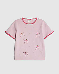 Girls Pink Rose Bow Diamante Top