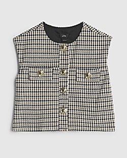 Girls Beige Check Button Top