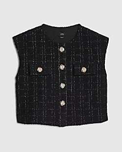 Girls Black Boucle Button Up Top