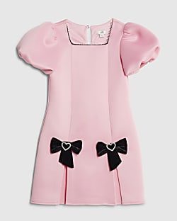 Girls Pink Bow Hem Puff Sleeve Dress