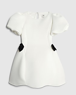 Girls White Puff Sleeve Bow Scuba Dress
