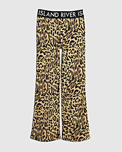 Girls Beige Leopard Flared Leggings
