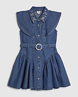 Girls Blue Denim Embellished Prom Shirt Dress