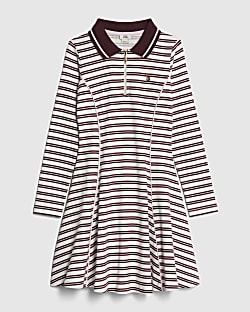 Girls Red Ribbed Stripe Polo Dress