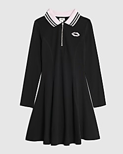 Girls Black Ribbed Zipped Polo Dress