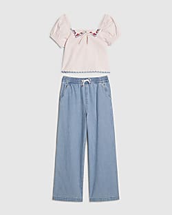 Girls Pink Collared Top And Jeans Set