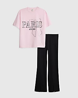 Girls Pink Paris Diamante T-Shirt Set