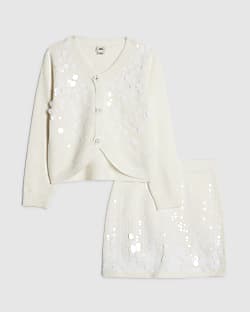 Girls Cream Sequin Cardigan And Skirt Set