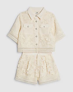 Girls Cream Lace Blouse And Shorts Set