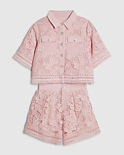 Girls Pink Lace Blouse And Shorts Set