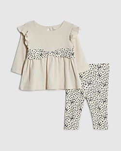Baby Girls Cream Ribbed Bow Top Set