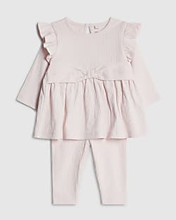 Baby Girls Cream Ribbed Bow Top Set