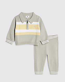 Baby Boys Green Knitted Stripe Polo Shirt Set