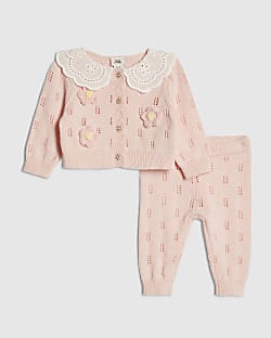 Baby Girls Pink Broderie Daisy Knit Top Set