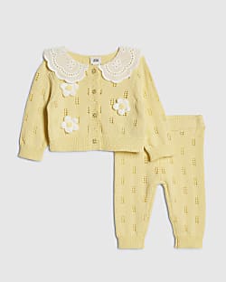 Baby Girls Yellow Broderie Daisy Knit Top Set