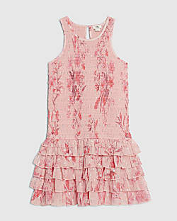 Girls Pink Floral Chiffon Hem Dress