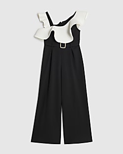 Girls Black Asymmetric Frill Jumpsuit