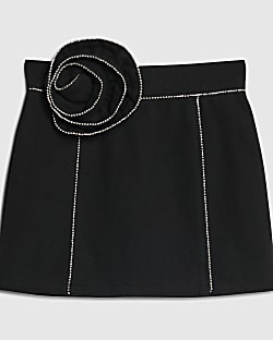 Girls Black Denim Corsage Diamante Skirt