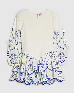 Girls White Shirred Dress