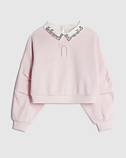 Girls Pink Embellished Collar Sweatshirt