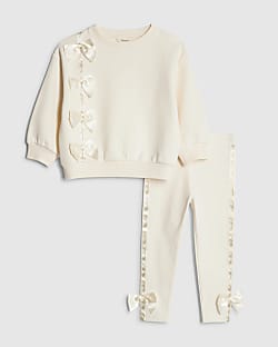 Mini Girls Cream Satin Bow Sweatshirt Set