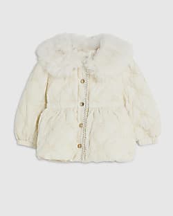 Mini Girls Cream Hooded Bow Padded Coat