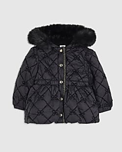 Mini Girls Black Hooded Bow Padded Coat