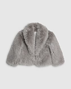Girls Grey Short Faux Fur Coat