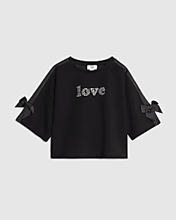 Girls Black Diamante Love Crop Bow T-Shirt