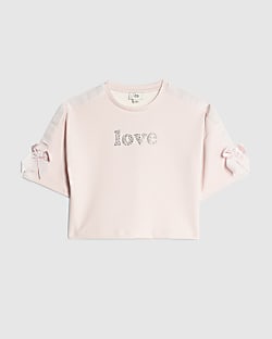 Girls Pink Diamante Love Crop Bow T-Shirt